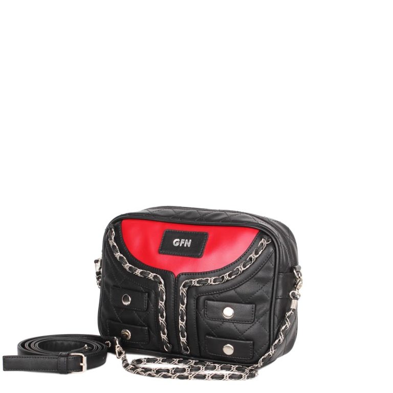 Небольшая оригинальная женская сумка Грифон в стиле куртки-косухи черно-красная, артикул 14С558